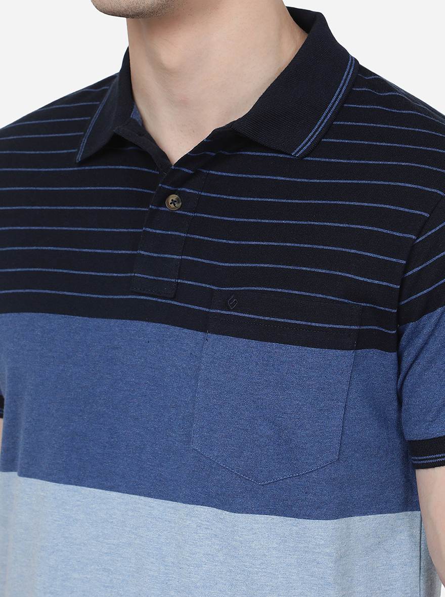 Navy Blue Striped Slim Fit Polo T-Shirt | Greenfibre