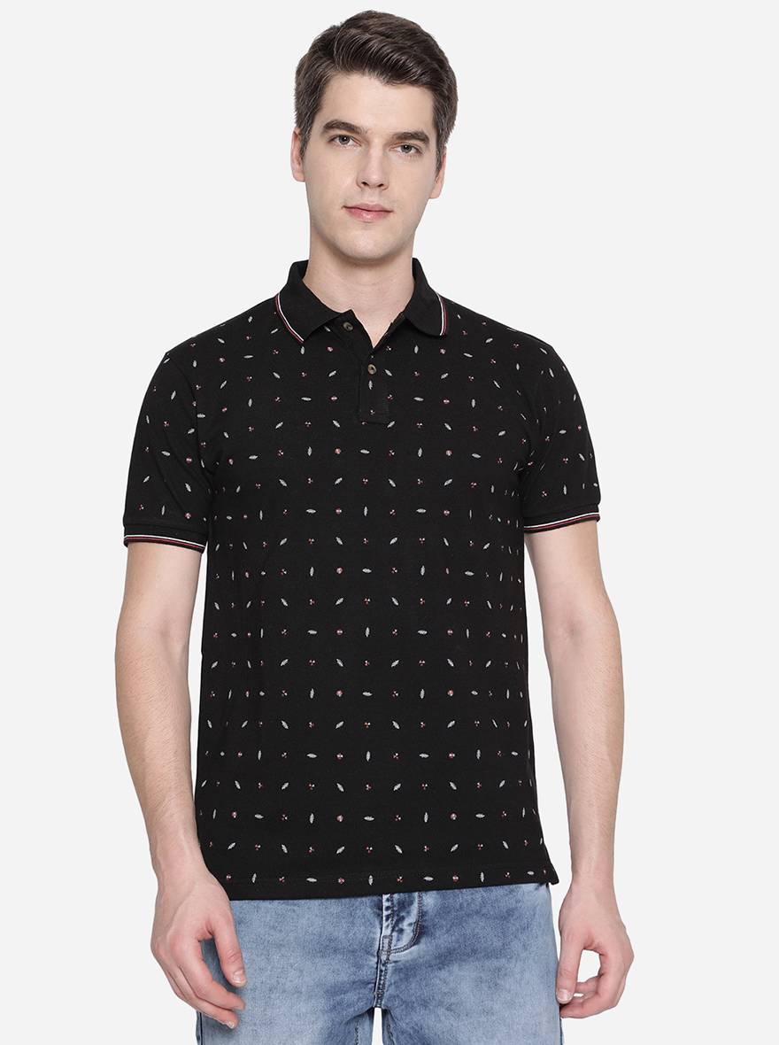 Black Printed Slim Fit Polo T-Shirt | Greenfibre