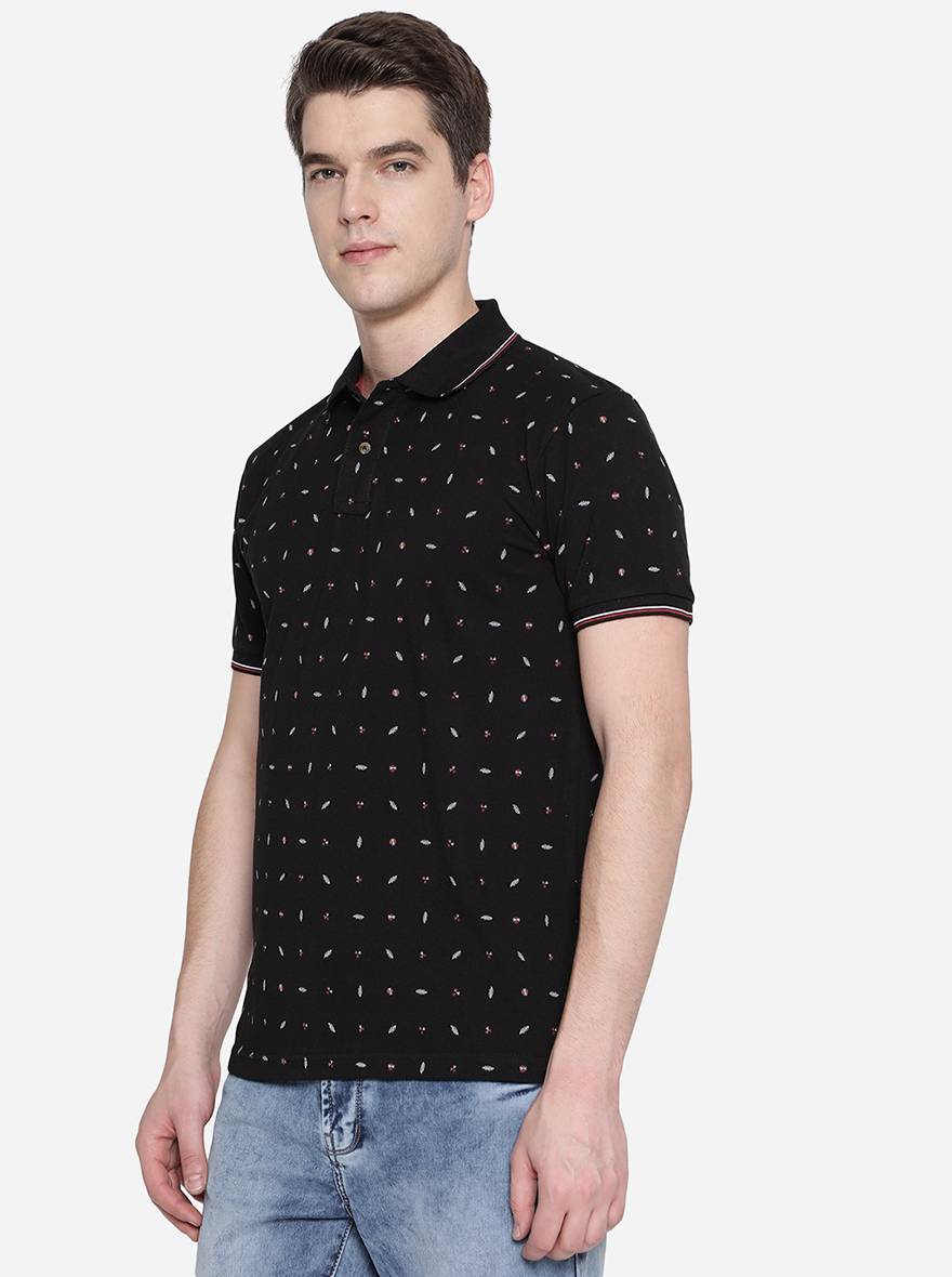 Black Printed Slim Fit Polo T-Shirt | Greenfibre