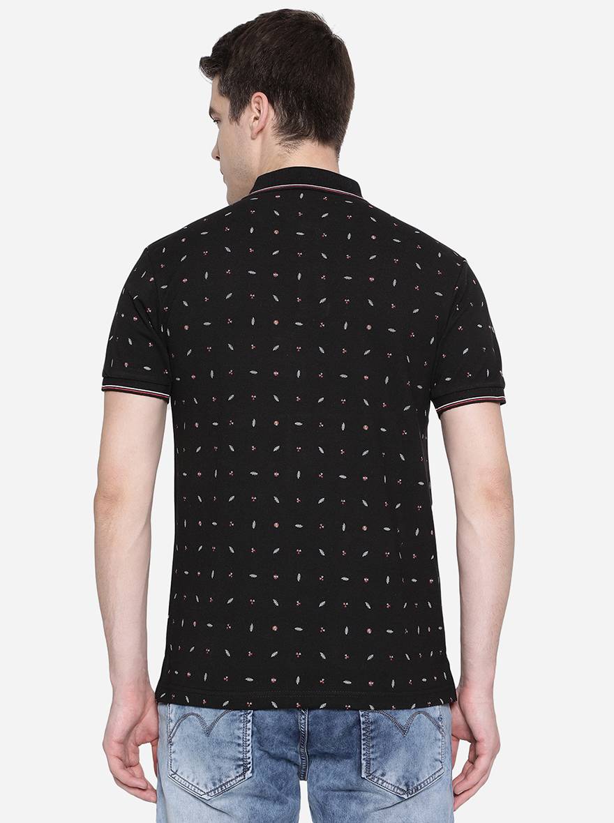 Black Printed Slim Fit Polo T-Shirt | Greenfibre