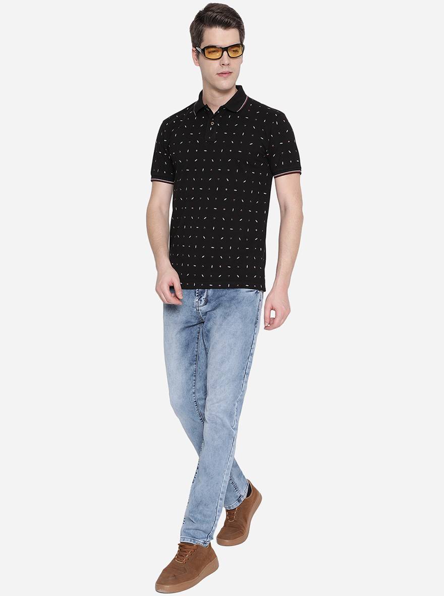 Black Printed Slim Fit Polo T-Shirt | Greenfibre