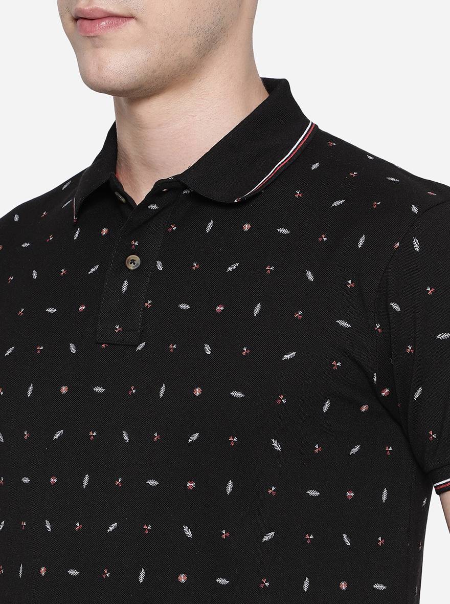 Black Printed Slim Fit Polo T-Shirt | Greenfibre