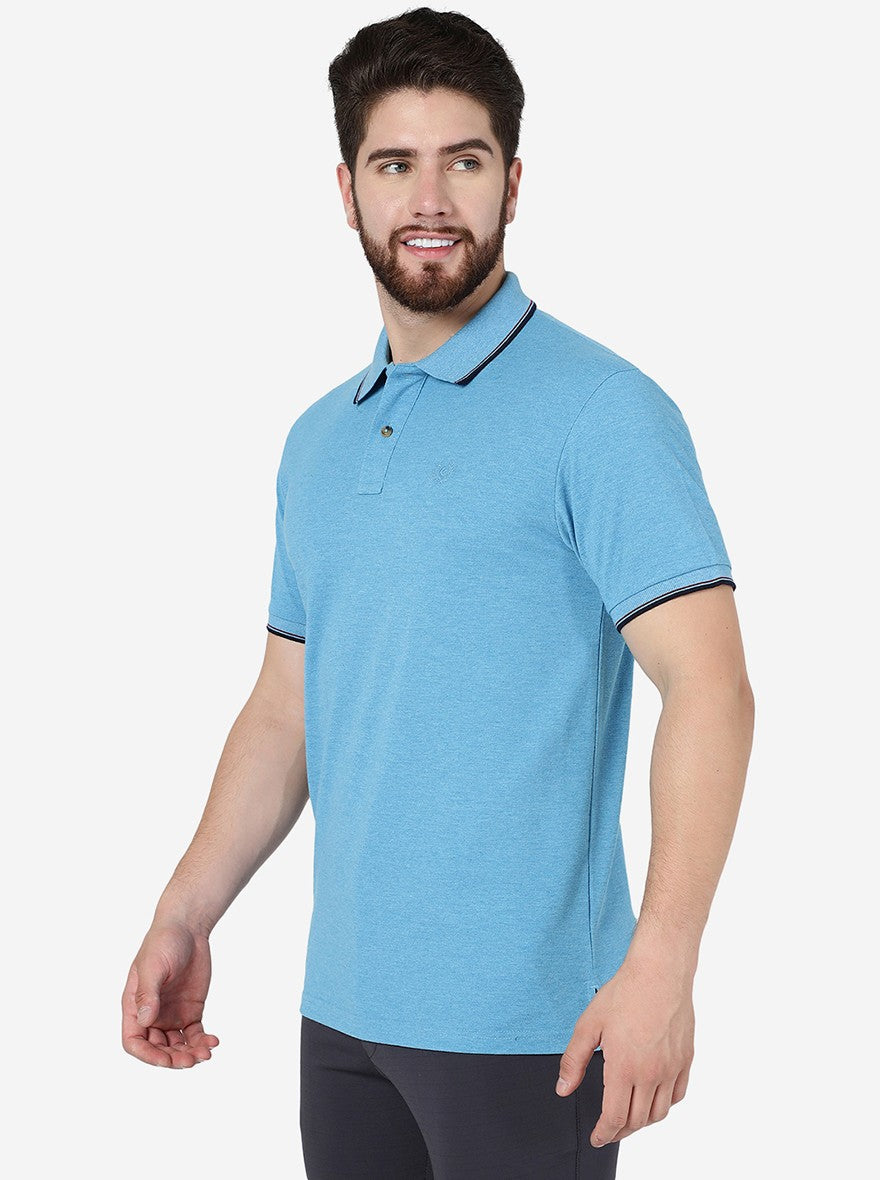 Blue Melange Solid Slim Fit Polo T-Shirt | Greenfibre