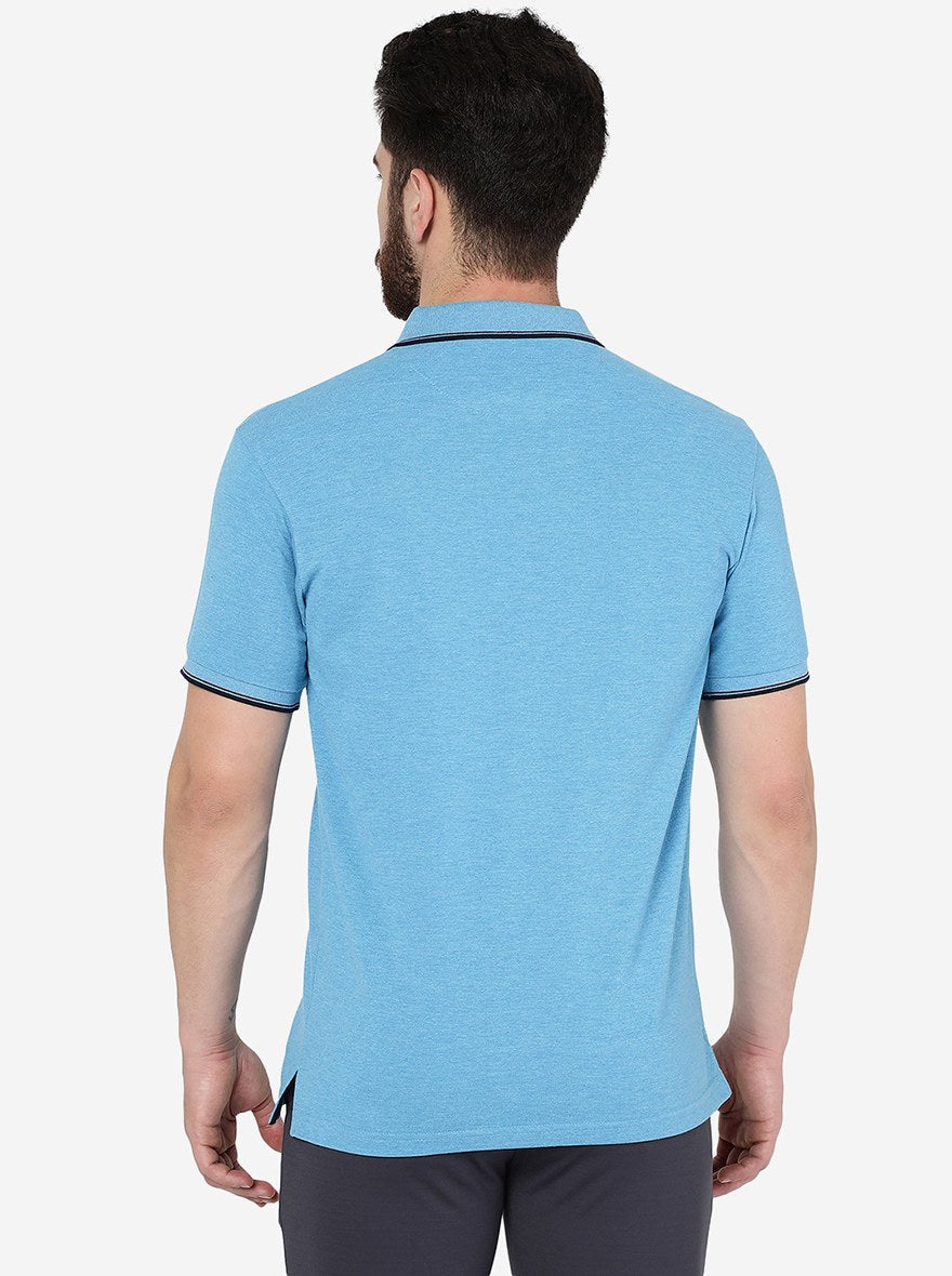 Blue Melange Solid Slim Fit Polo T-Shirt | Greenfibre