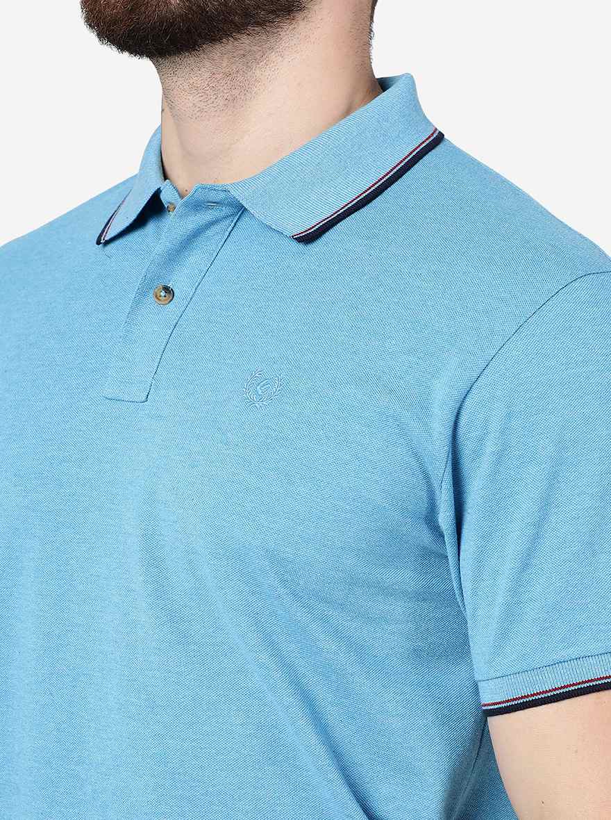 Blue Melange Solid Slim Fit Polo T-Shirt | Greenfibre