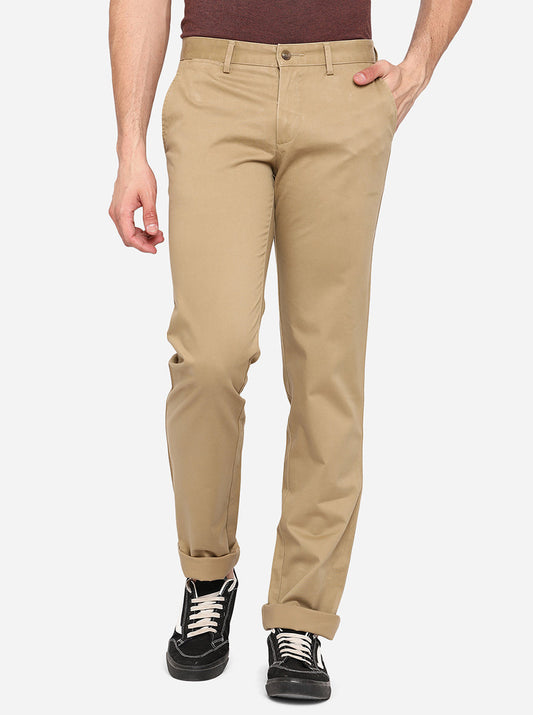 Khaki Solid Slim Fit Casual Trouser | Greenfibre