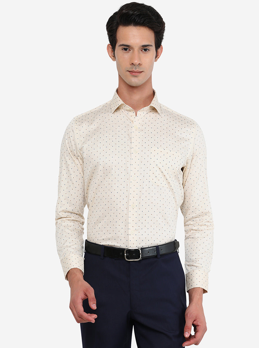 Cream Printed Slim Fit Formal Shirt | Greenfibre