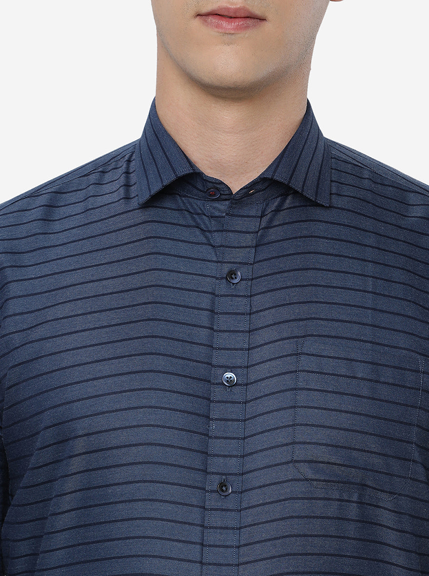 Navy Blue Striped Regular Fit Formal Shirt | Greenfibre