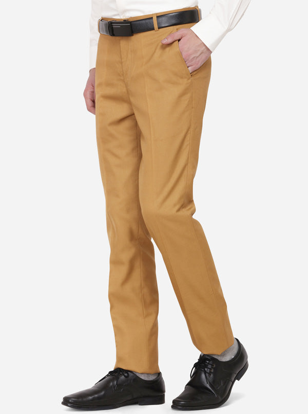 Khaki Solid Slim Fit Formal Trouser | Greenfibre