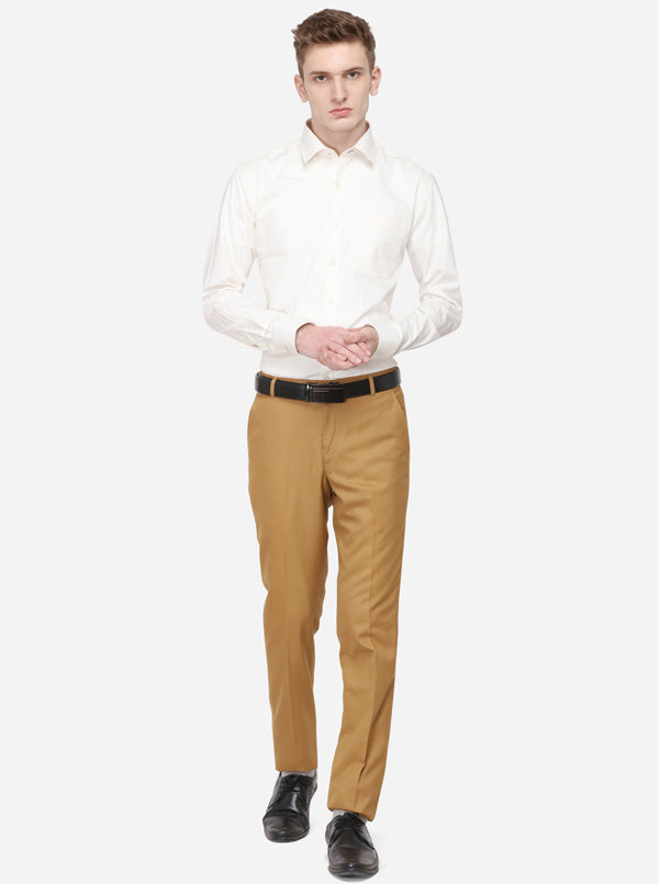 Khaki Solid Slim Fit Formal Trouser | Greenfibre