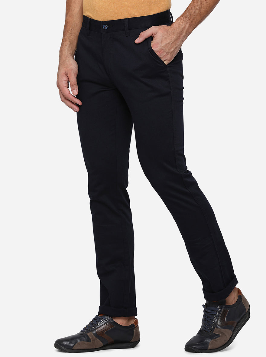 Navy Blue Solid Super Slim Fit Casual Trouser | Greenfibre