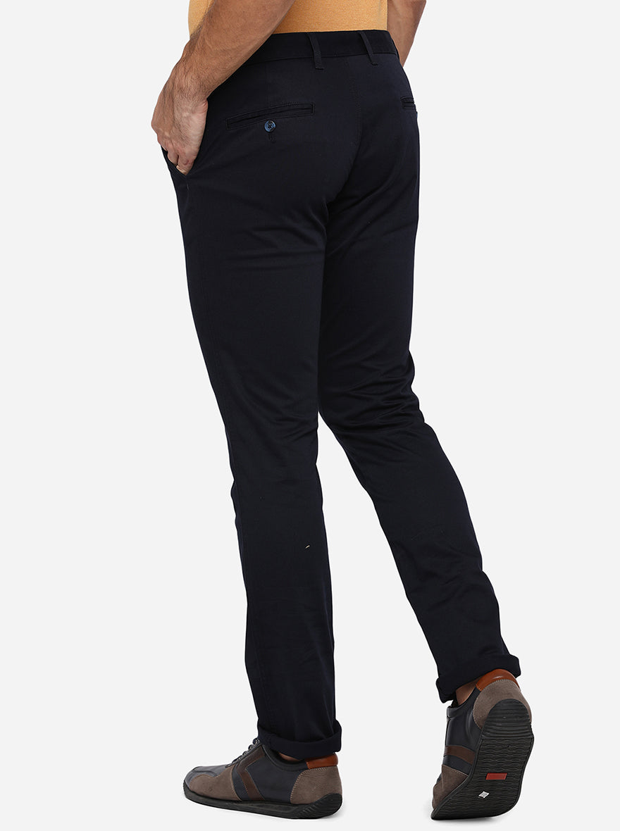 Navy Blue Solid Super Slim Fit Casual Trouser | Greenfibre