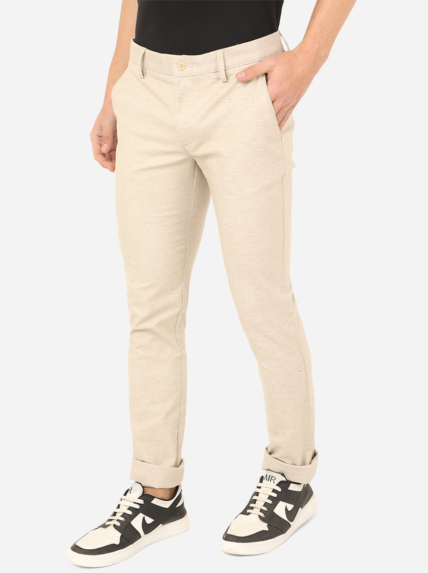 Light Khaki Solid Super Slim Fit Casual Trouser | Greenfibre