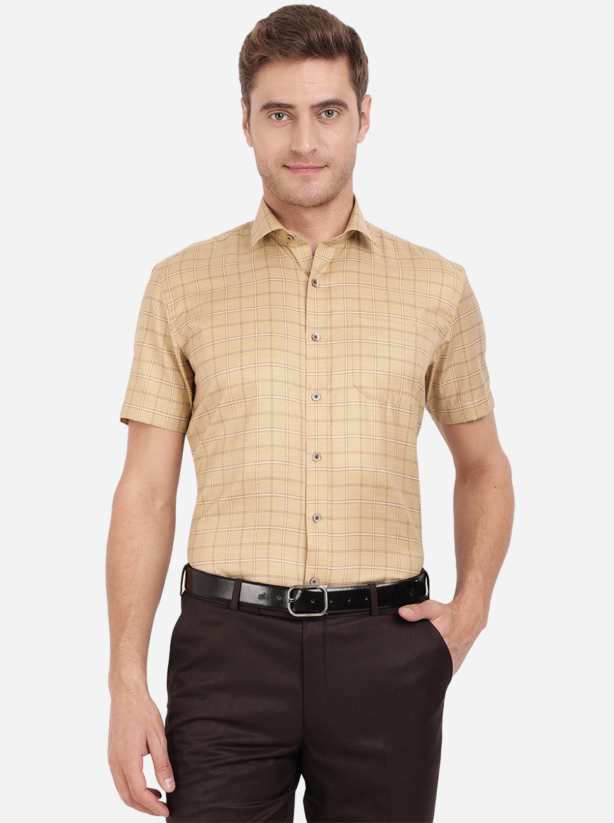 Dark Beige Checked Regular Fit Formal Shirt | Greenfibre