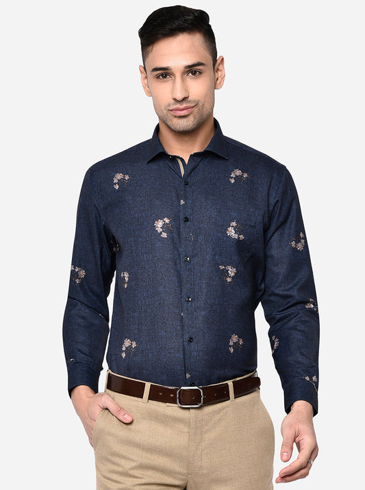 Navy Blue Printed Slim Fit Party Wear Shirt | Greenfibre