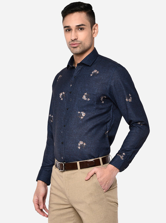 Navy Blue Printed Slim Fit Party Wear Shirt | Greenfibre