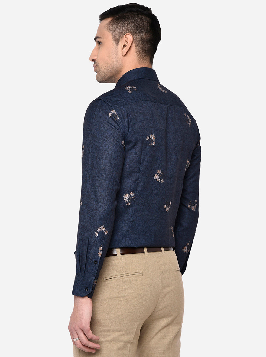 Navy Blue Printed Slim Fit Party Wear Shirt | Greenfibre