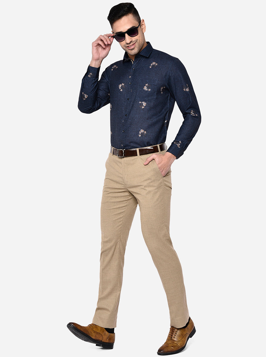 Navy Blue Printed Slim Fit Party Wear Shirt | Greenfibre