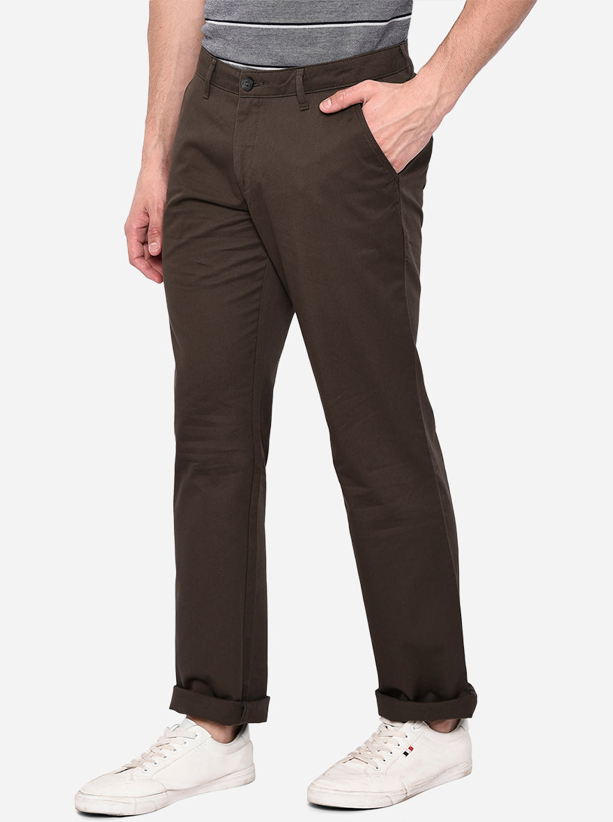 Olive Brown Solid Slim Fit Casual Trouser | Greenfibre