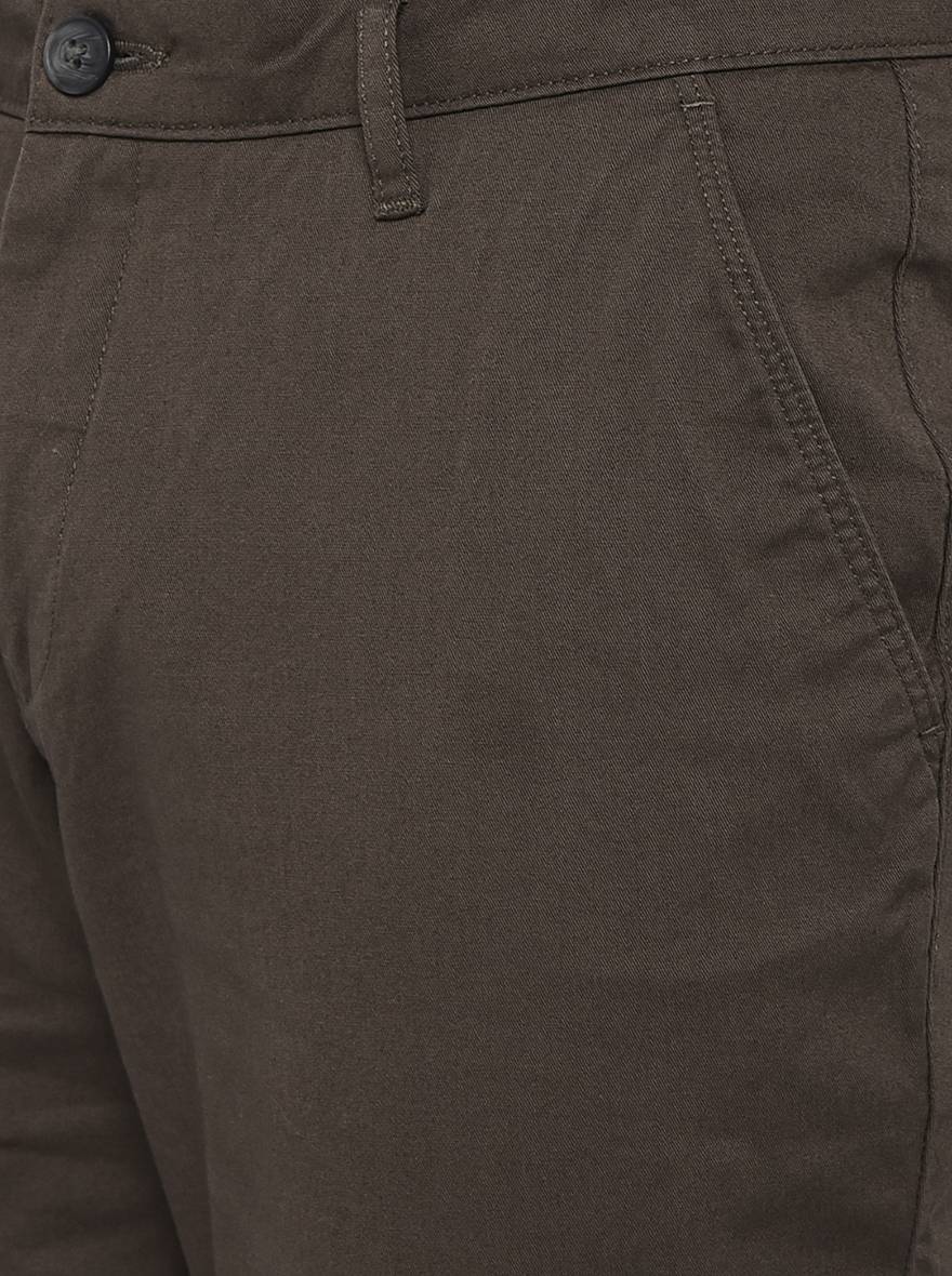 Olive Brown Solid Slim Fit Casual Trouser | Greenfibre