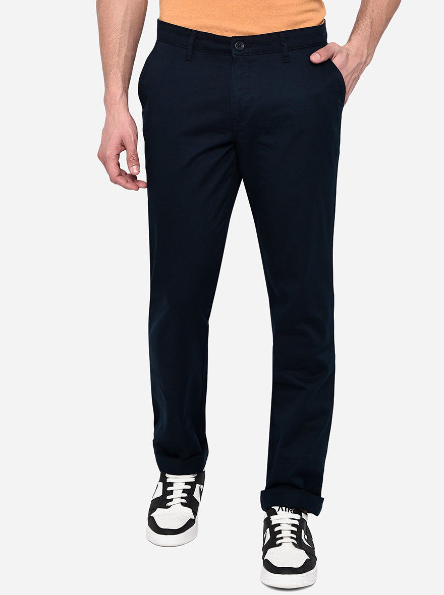 Navy Blue Solid Slim Fit Casual Trouser | Greenfibre