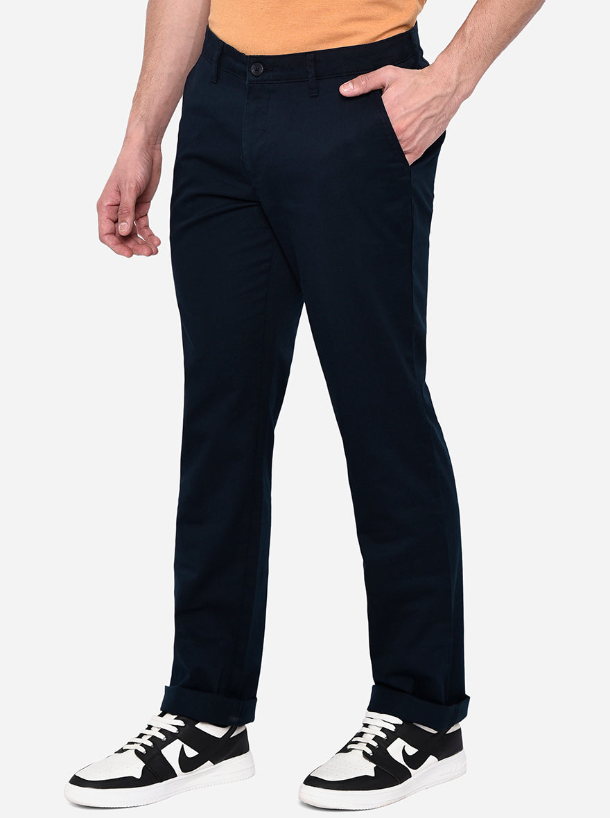 Navy Blue Solid Slim Fit Casual Trouser | Greenfibre