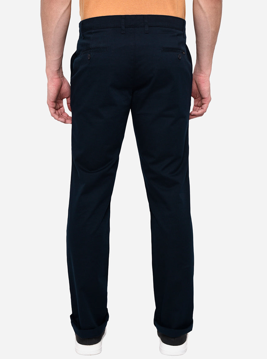 Navy Blue Solid Slim Fit Casual Trouser | Greenfibre