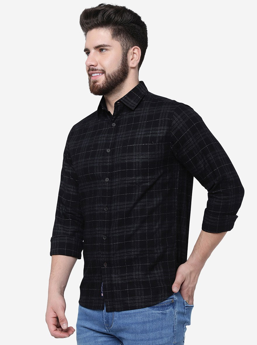 Navy Blue Checked Slim Fit Casual Shirt | Greenfibre