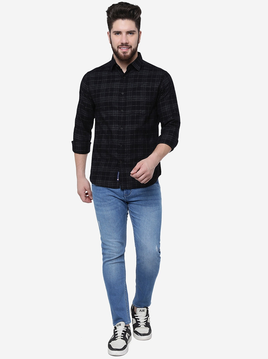 Navy Blue Checked Slim Fit Casual Shirt | Greenfibre