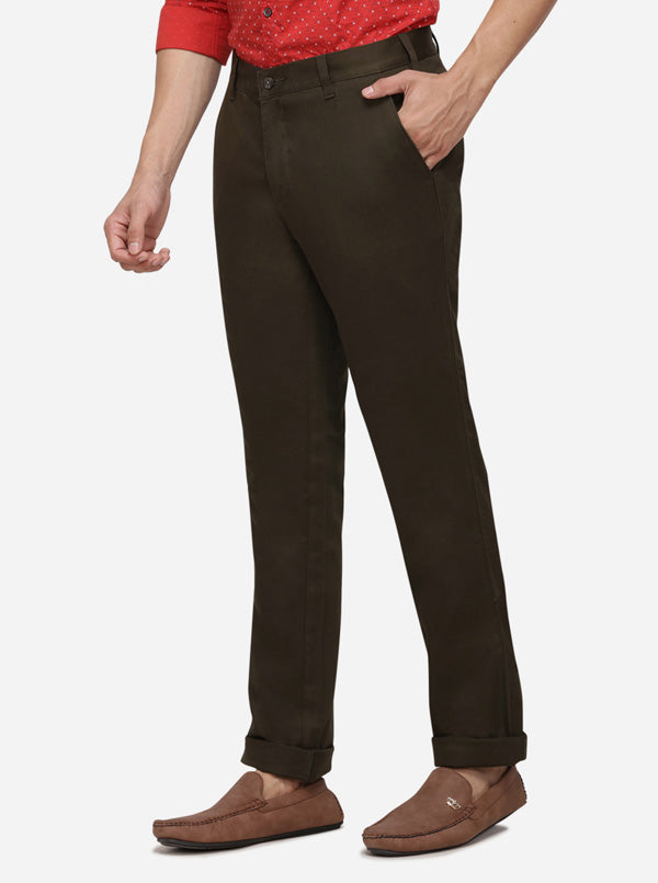 Olive Solid Slim Fit Casual Trouser | Greenfibre
