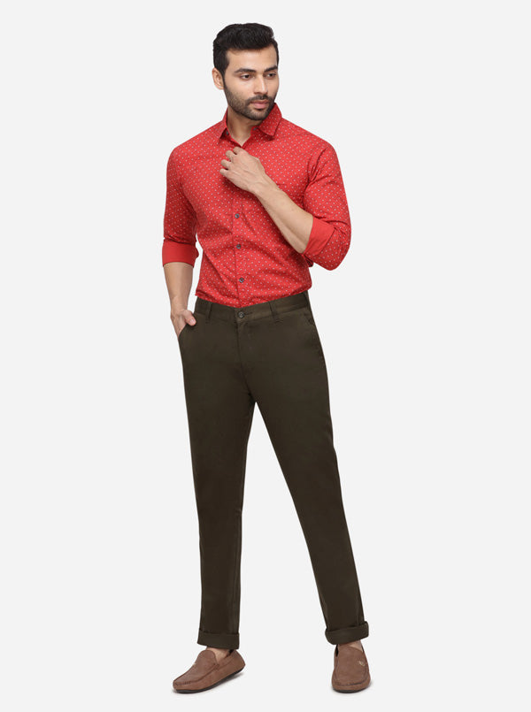 Olive Solid Slim Fit Casual Trouser | Greenfibre