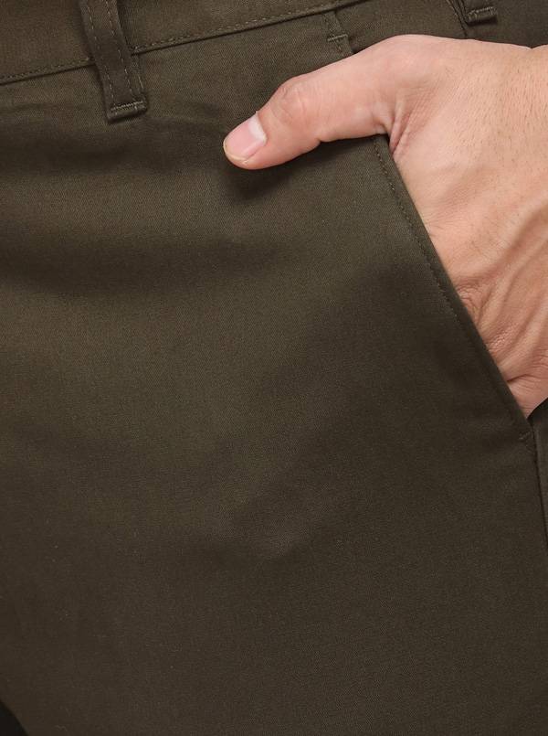 Olive Solid Slim Fit Casual Trouser | Greenfibre