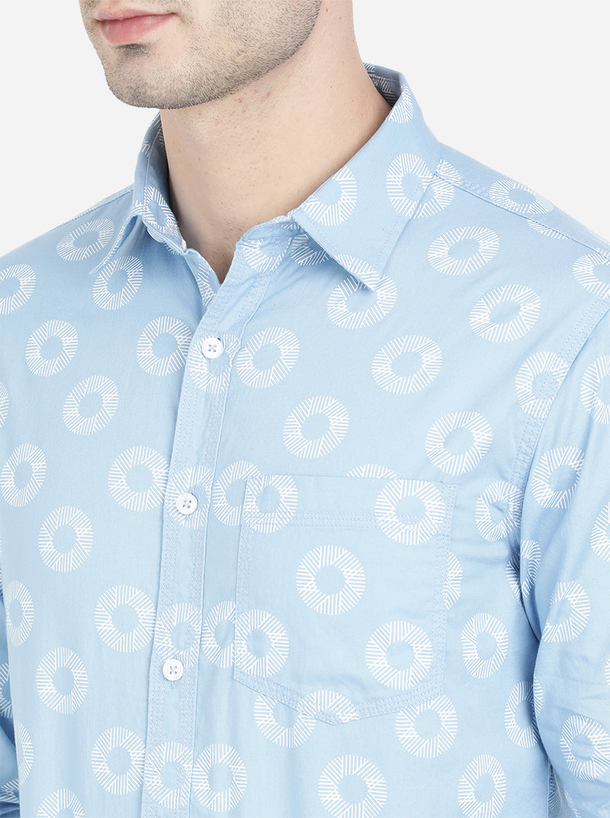 Light Blue Printed Slim Fit Semi Casual Shirt | Greenfibre