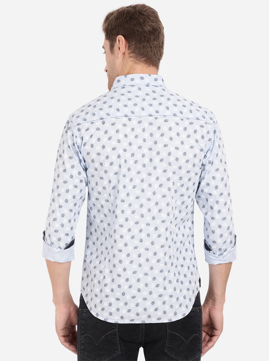 Powder Blue Printed Slim Fit Semi Casual Shirt | Greenfibre