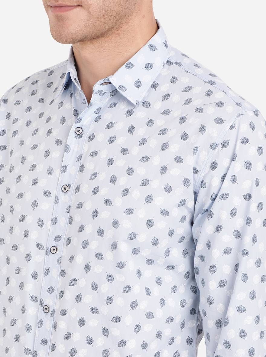 Powder Blue Printed Slim Fit Semi Casual Shirt | Greenfibre