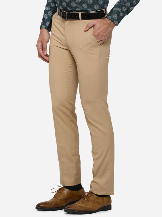 Khaki Solid Slim Fit Formal Trouser | Greenfibre