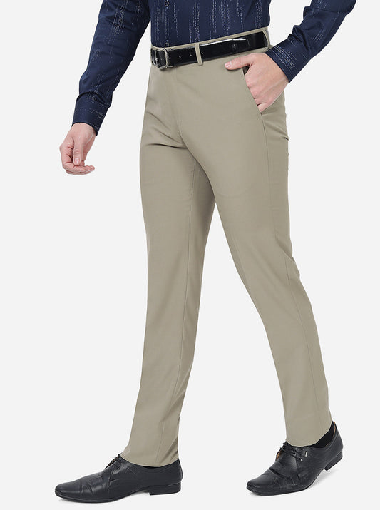 Khaki Solid Slim Fit Formal Trouser | Greenfibre