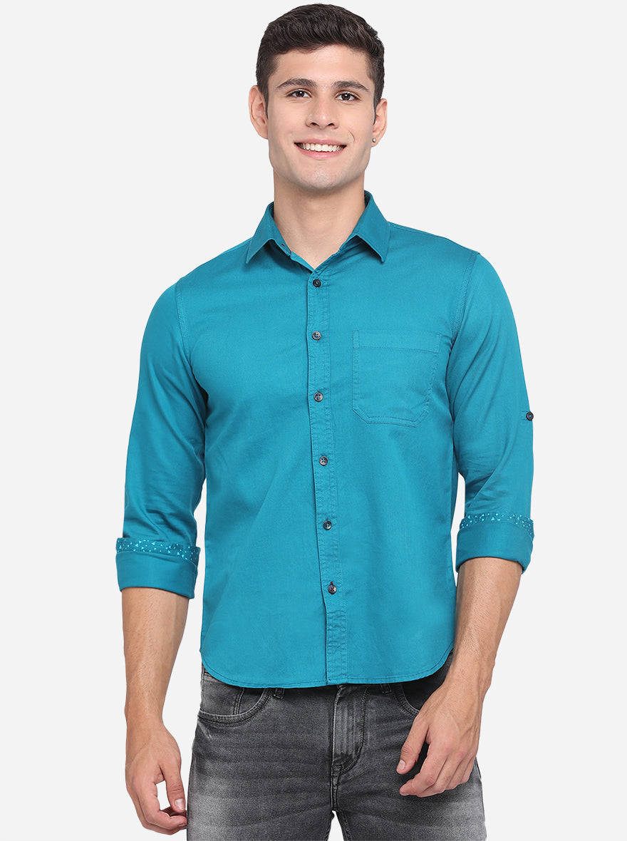 Ocean Blue Solid Slim Fit Semi Casual Shirt | Greenfibre