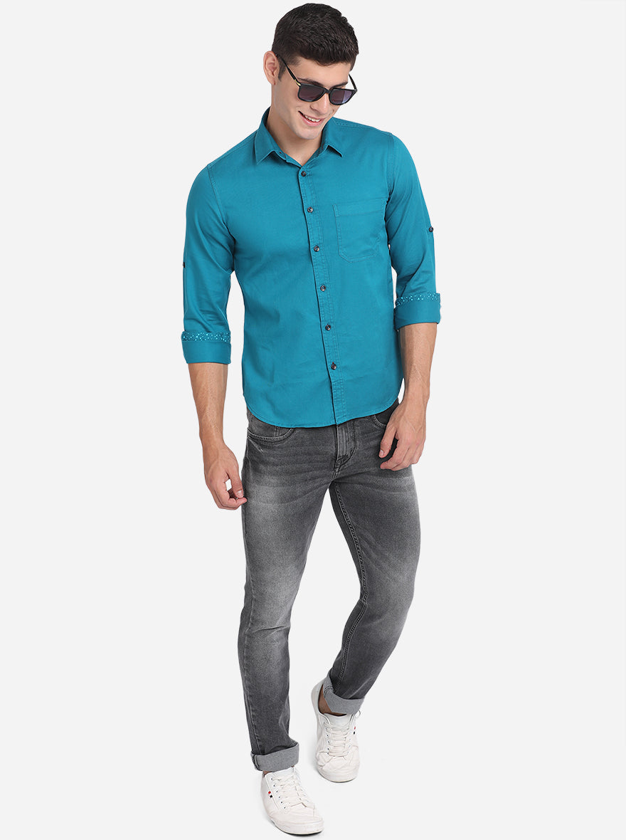 Ocean Blue Solid Slim Fit Semi Casual Shirt | Greenfibre