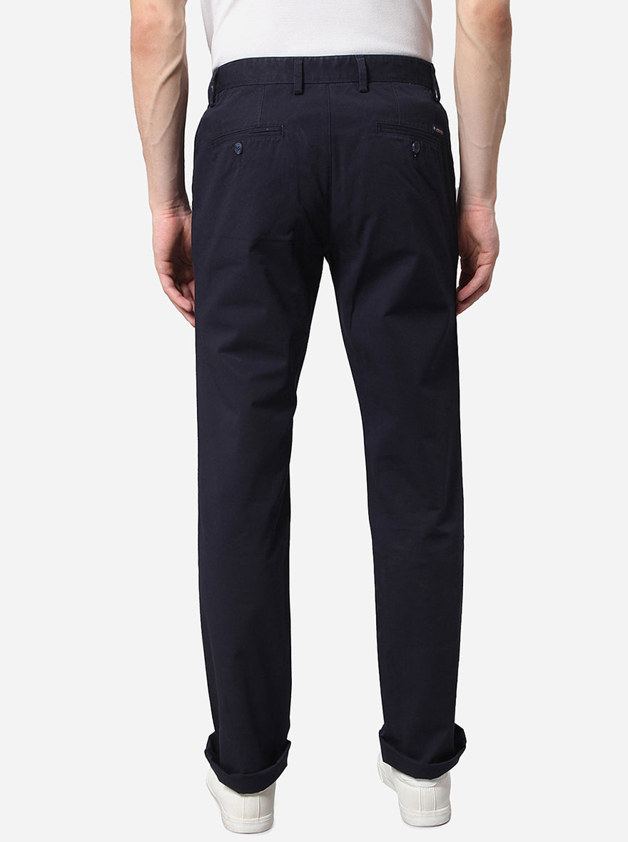 Navy Blue Solid Slim Fit Casual Trouser | Greenfibre