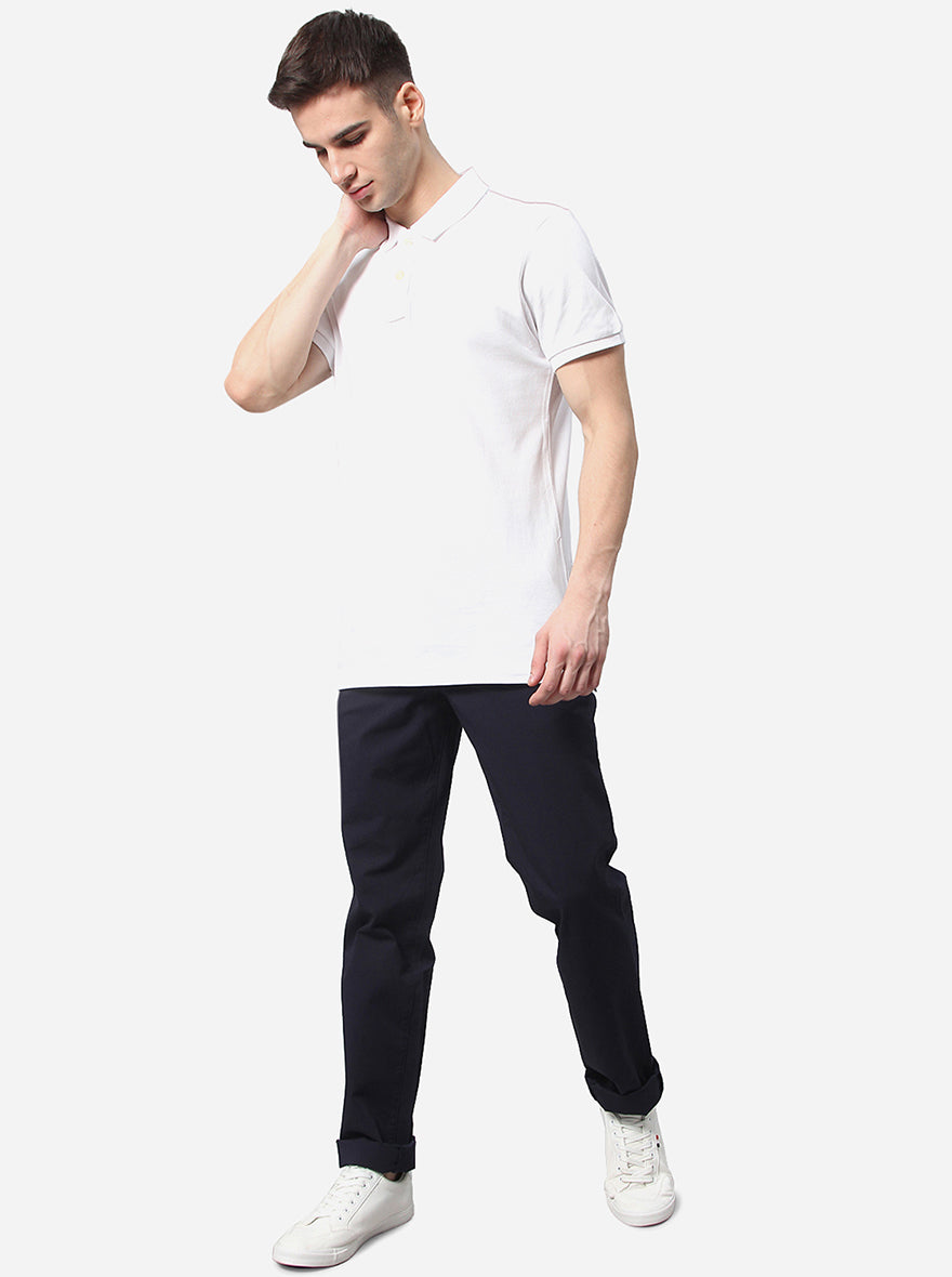 Navy Blue Solid Slim Fit Casual Trouser | Greenfibre