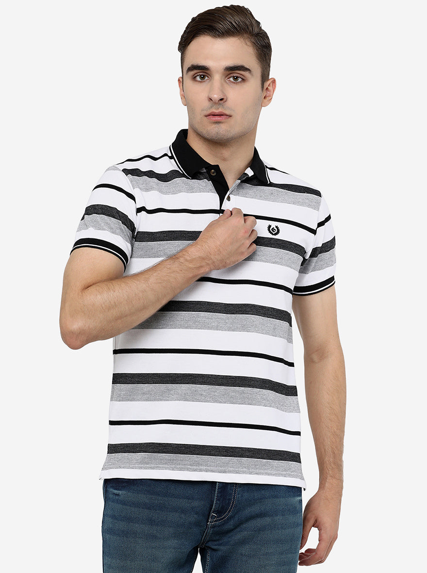 Black & White  Striped Slim Fit Polo T-Shirt | Greenfibre