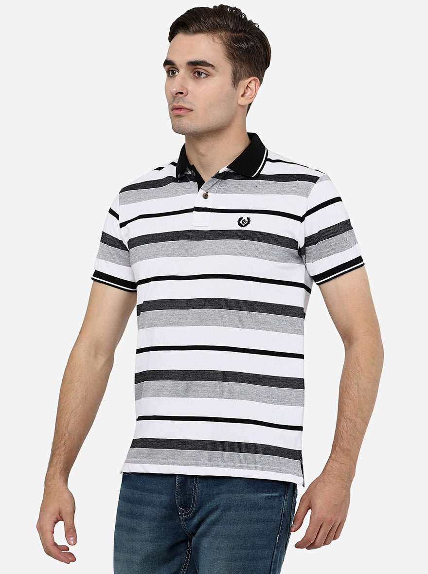 Black & White  Striped Slim Fit Polo T-Shirt | Greenfibre