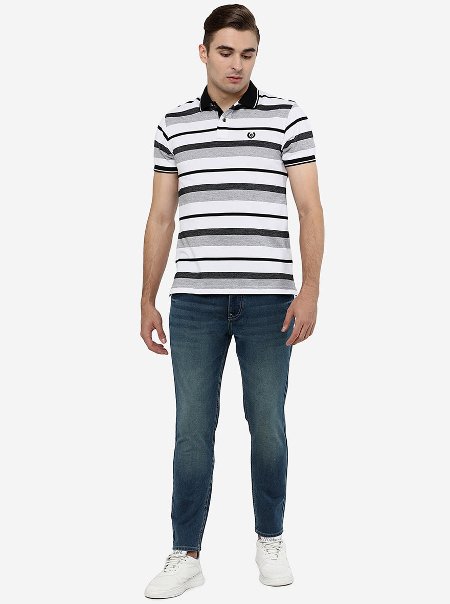 Black & White  Striped Slim Fit Polo T-Shirt | Greenfibre