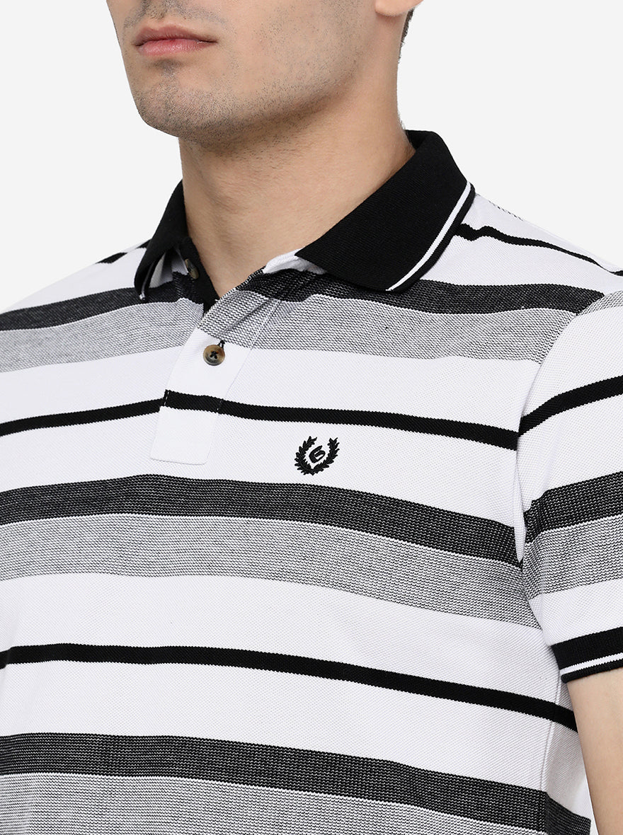 Black & White  Striped Slim Fit Polo T-Shirt | Greenfibre