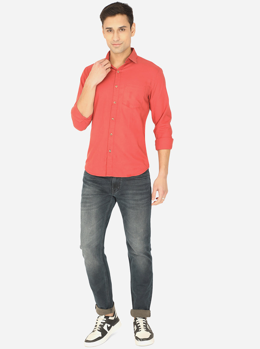 Spice Red Solid Slim Fit Semi Casual Shirt | Greenfibre