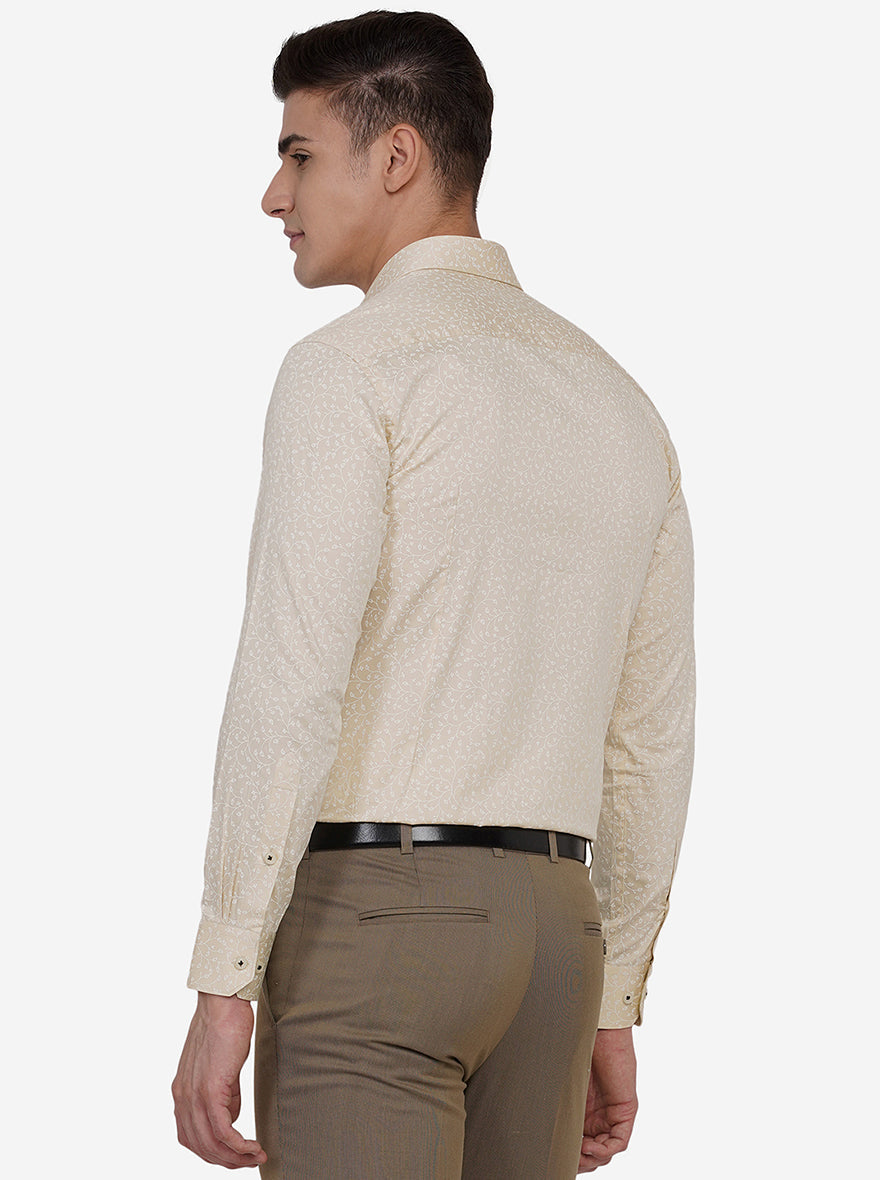 Cream & White Printed Slim Fit Formal Shirt | Greenfibre