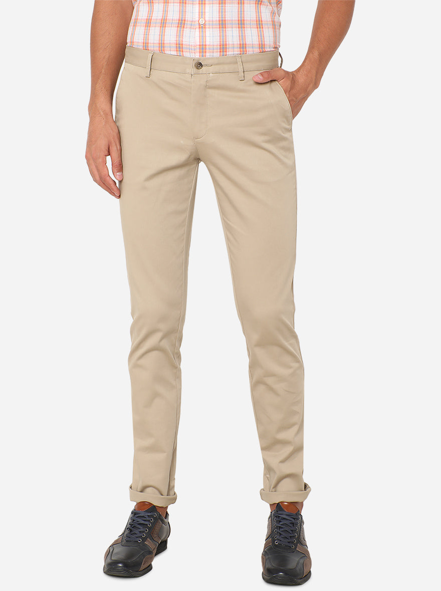 Cream Solid Super Slim Fit Casual Trouser | Greenfibre