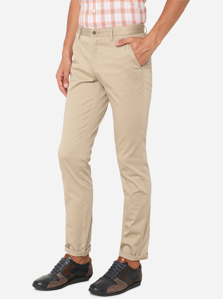 Cream Solid Super Slim Fit Casual Trouser | Greenfibre