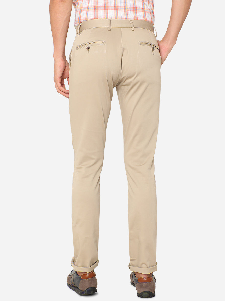 Cream Solid Super Slim Fit Casual Trouser | Greenfibre